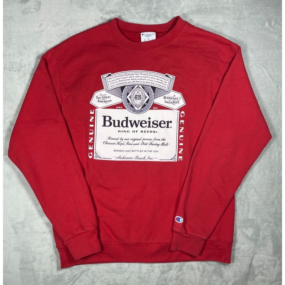 Budweiser Champion Sweatshirt Men L Red Crewneck Beer Graphic Pullover Logo